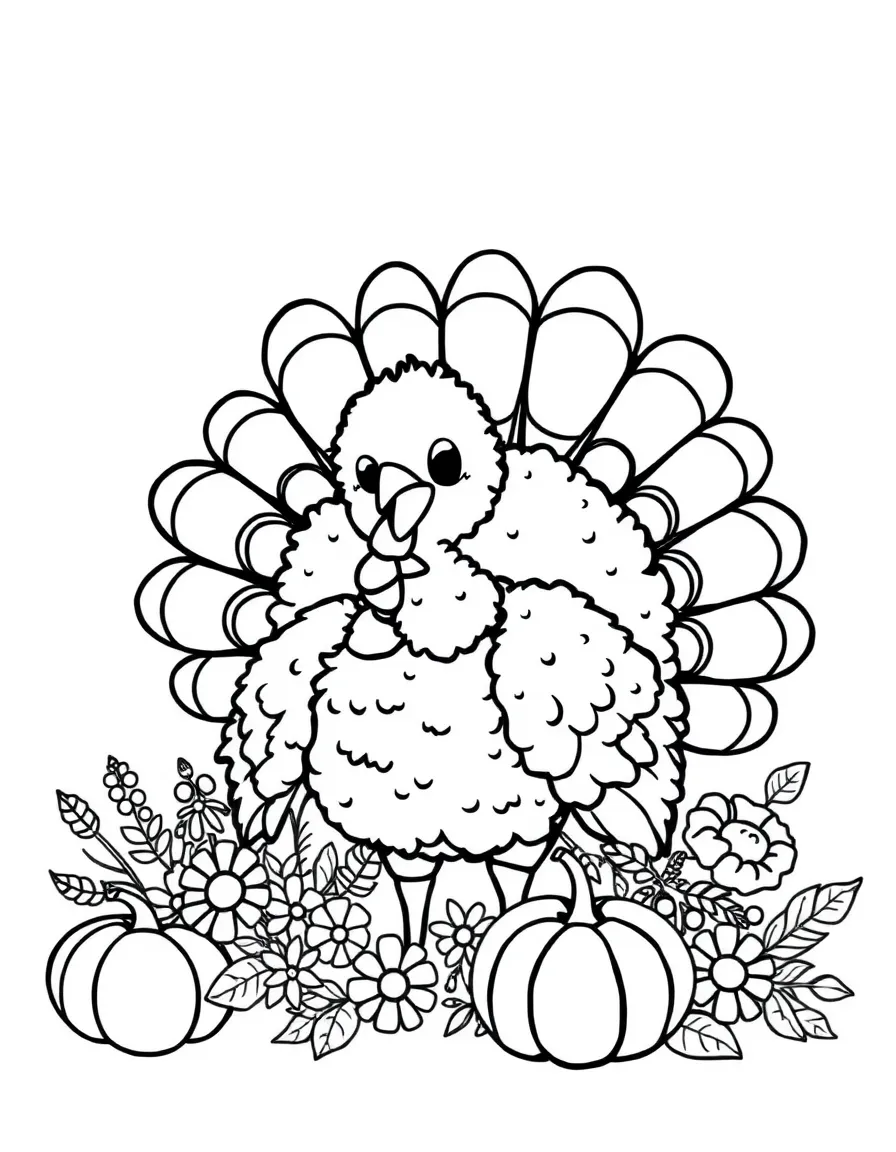 fluffy turkey with autumn mums and pumpkin flowers coloring page