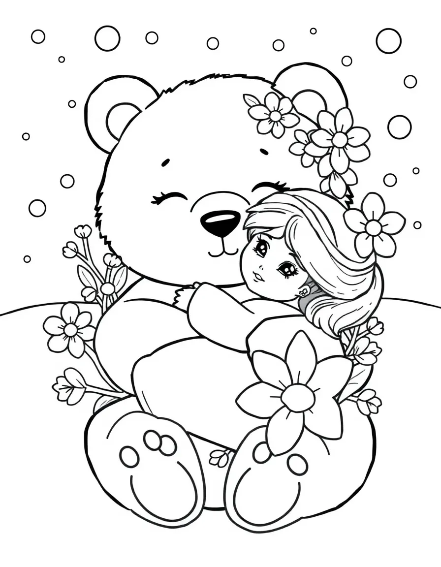 sleepy bear with winter jasmine and snow flowers coloring page