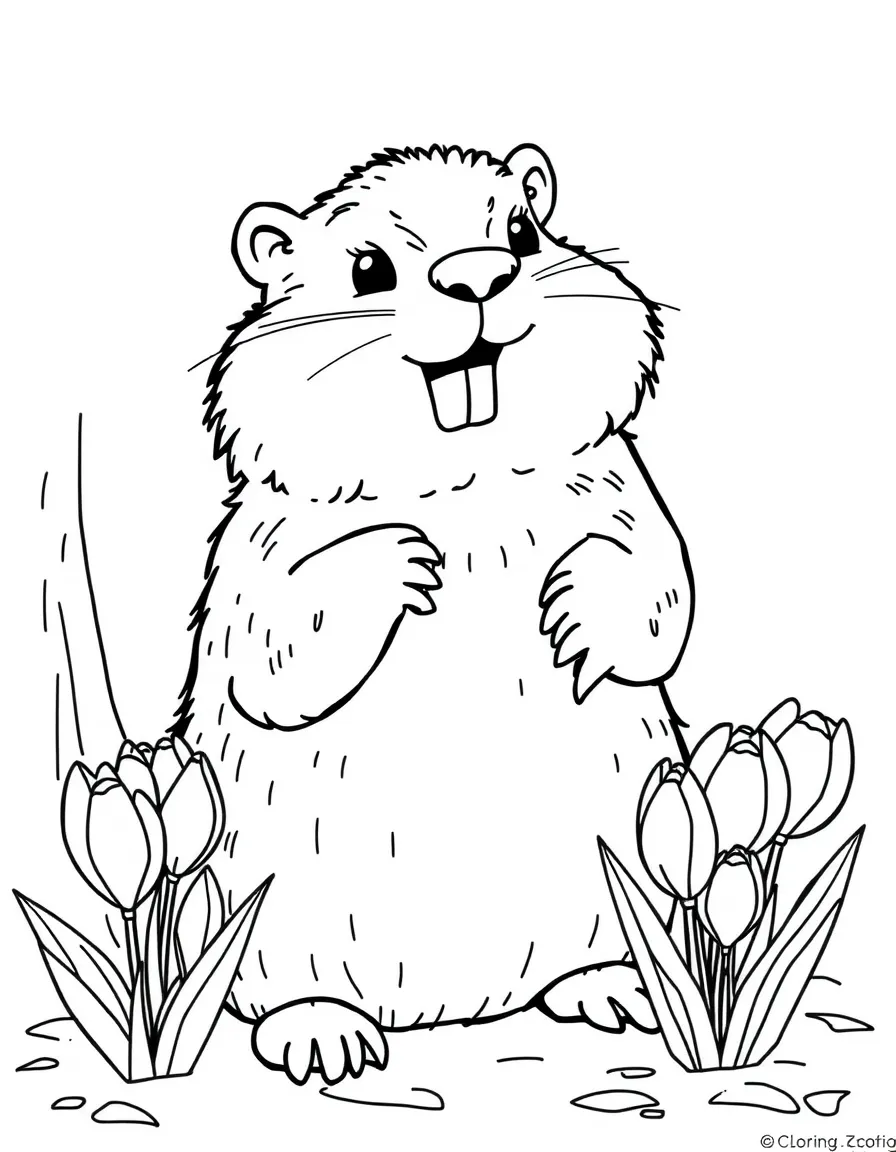 playful groundhog with spring crocuses predicting weather coloring page