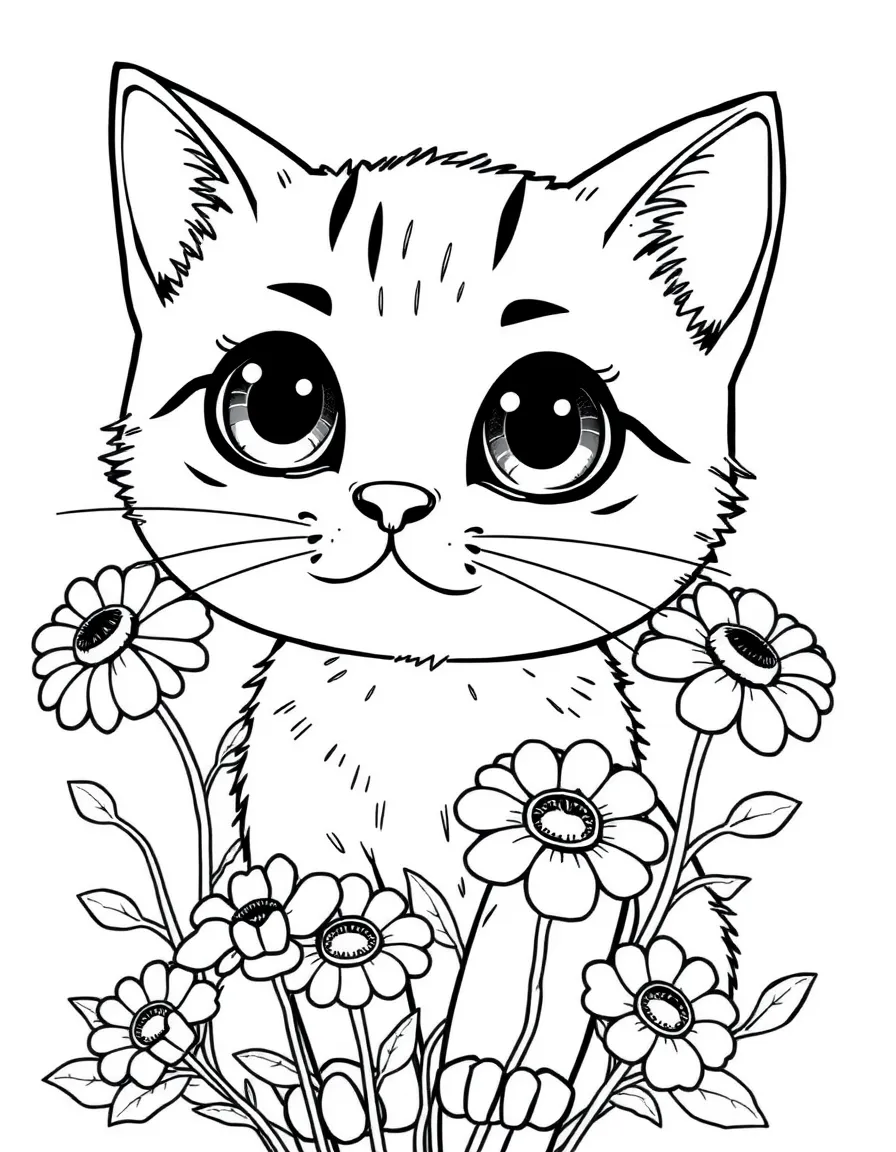 adorable cat with Halloween marigolds and jack-o'-lantern flowers coloring page