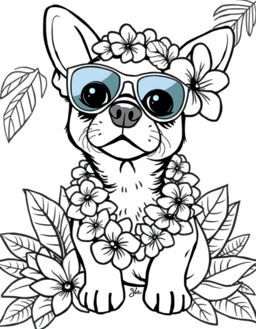 cute dog wearing Lei with tropical vacation flowers coloring page