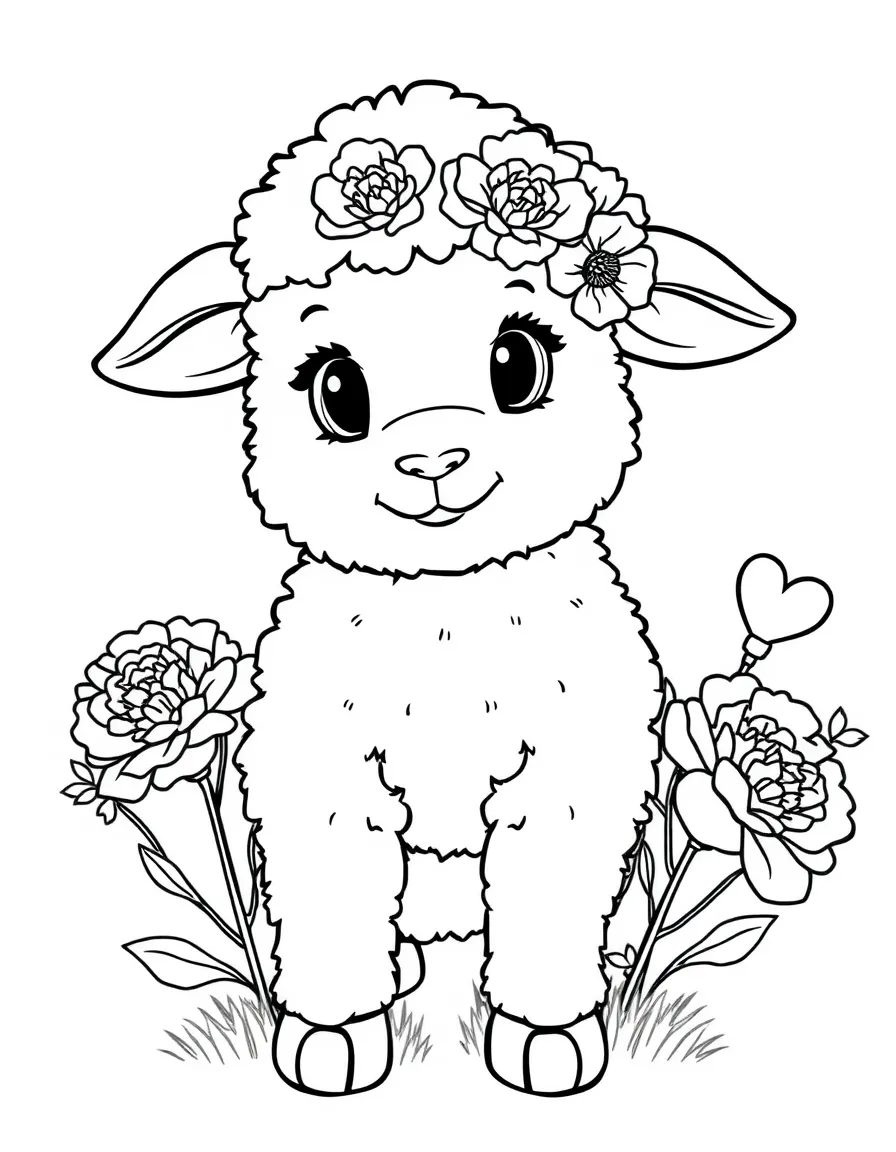 fluffy lamb with Mother's Day carnations and heart flowers coloring page