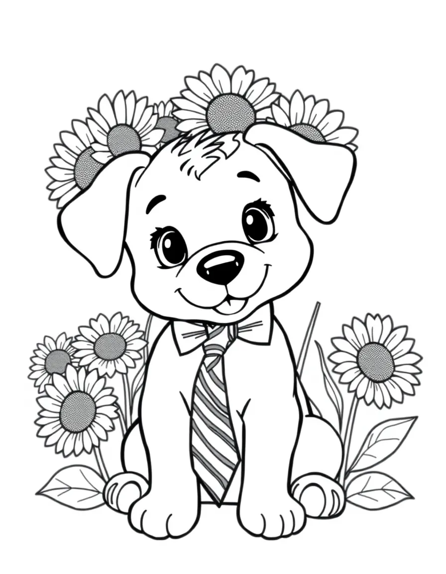 cartoon puppy with Father's Day sunflowers and tie-shaped blooms coloring page