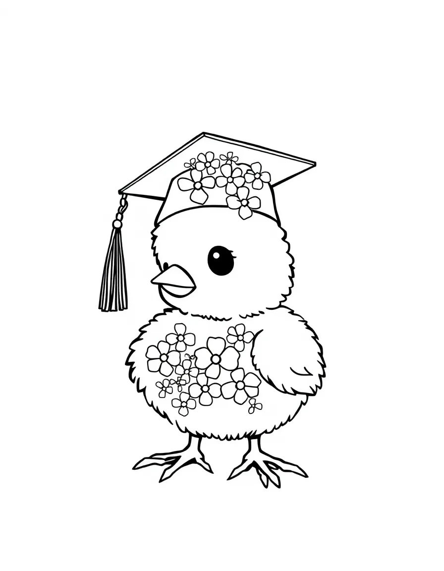 baby chick with graduation cap made of tiny flowers coloring page