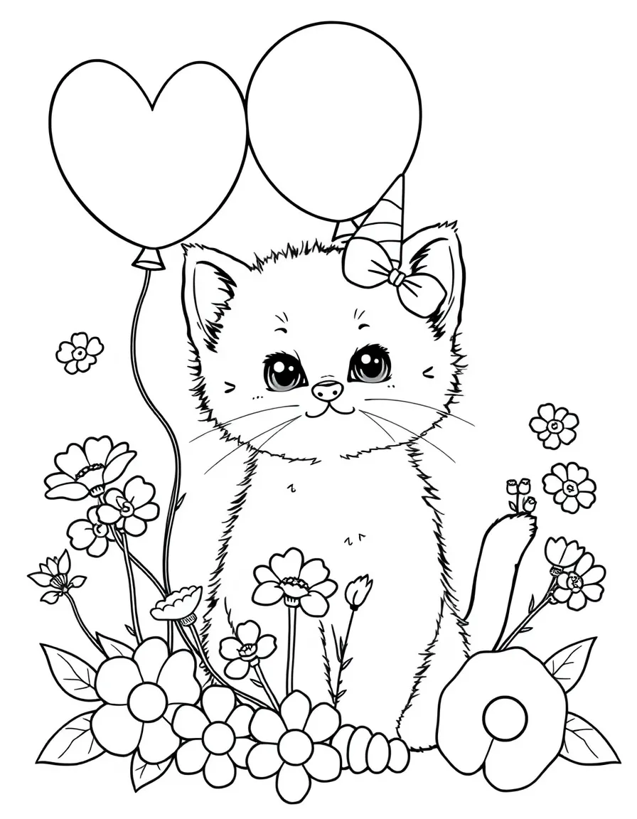 adorable kitten with birthday party flowers and balloon blooms coloring page