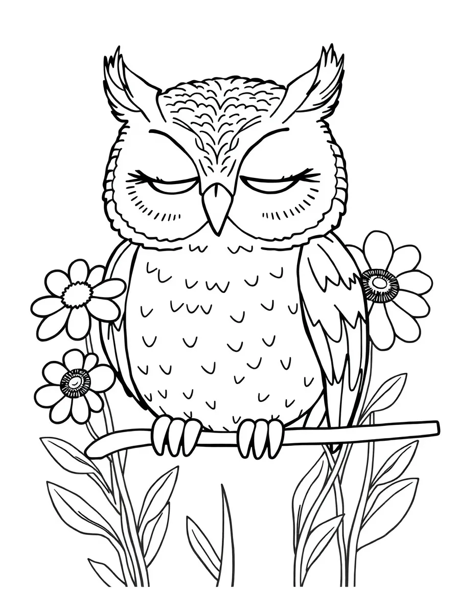 sleepy owl with back-to-school flowers and pencil stems coloring page