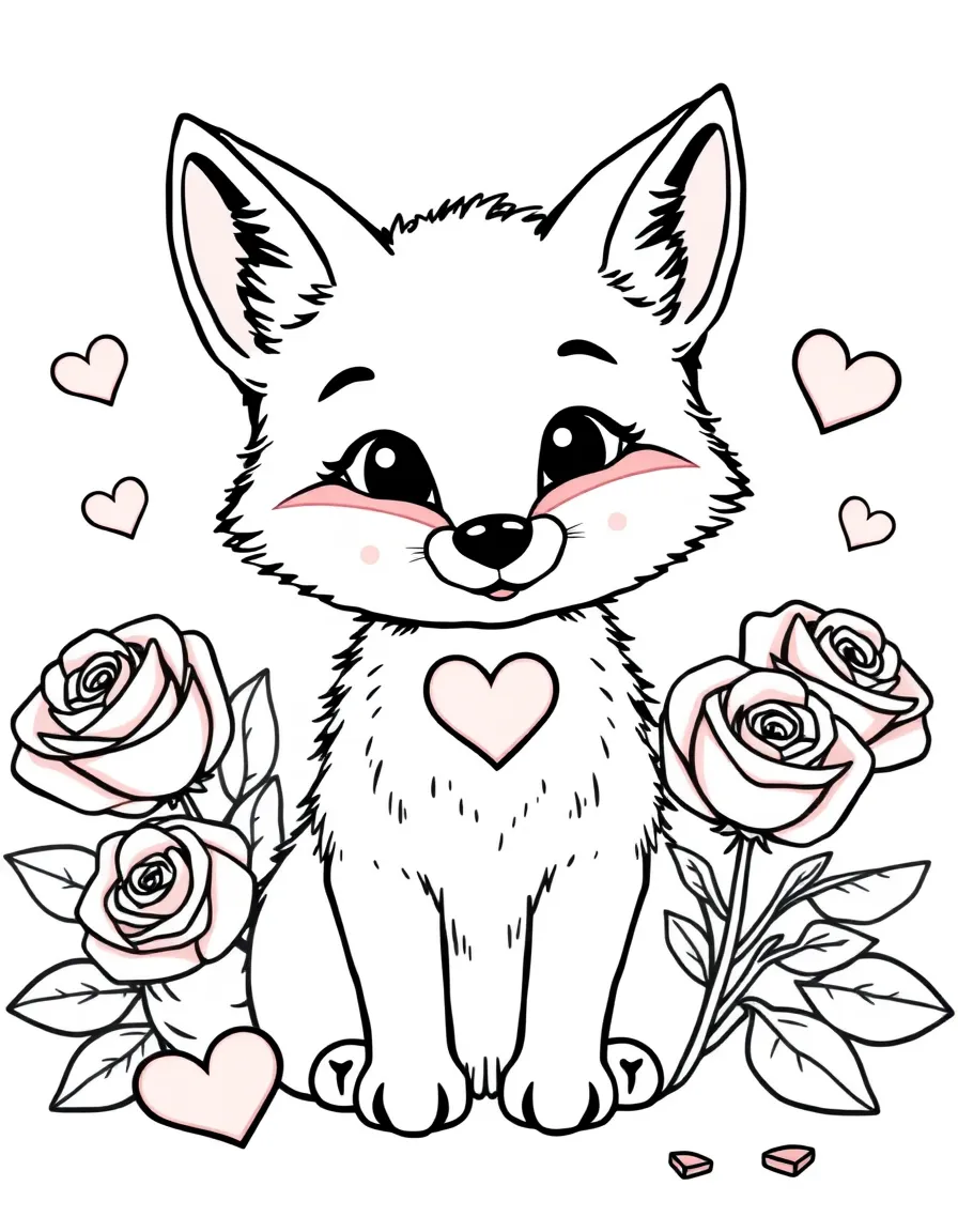 playful fox with Valentine's Day roses and heart petals coloring page