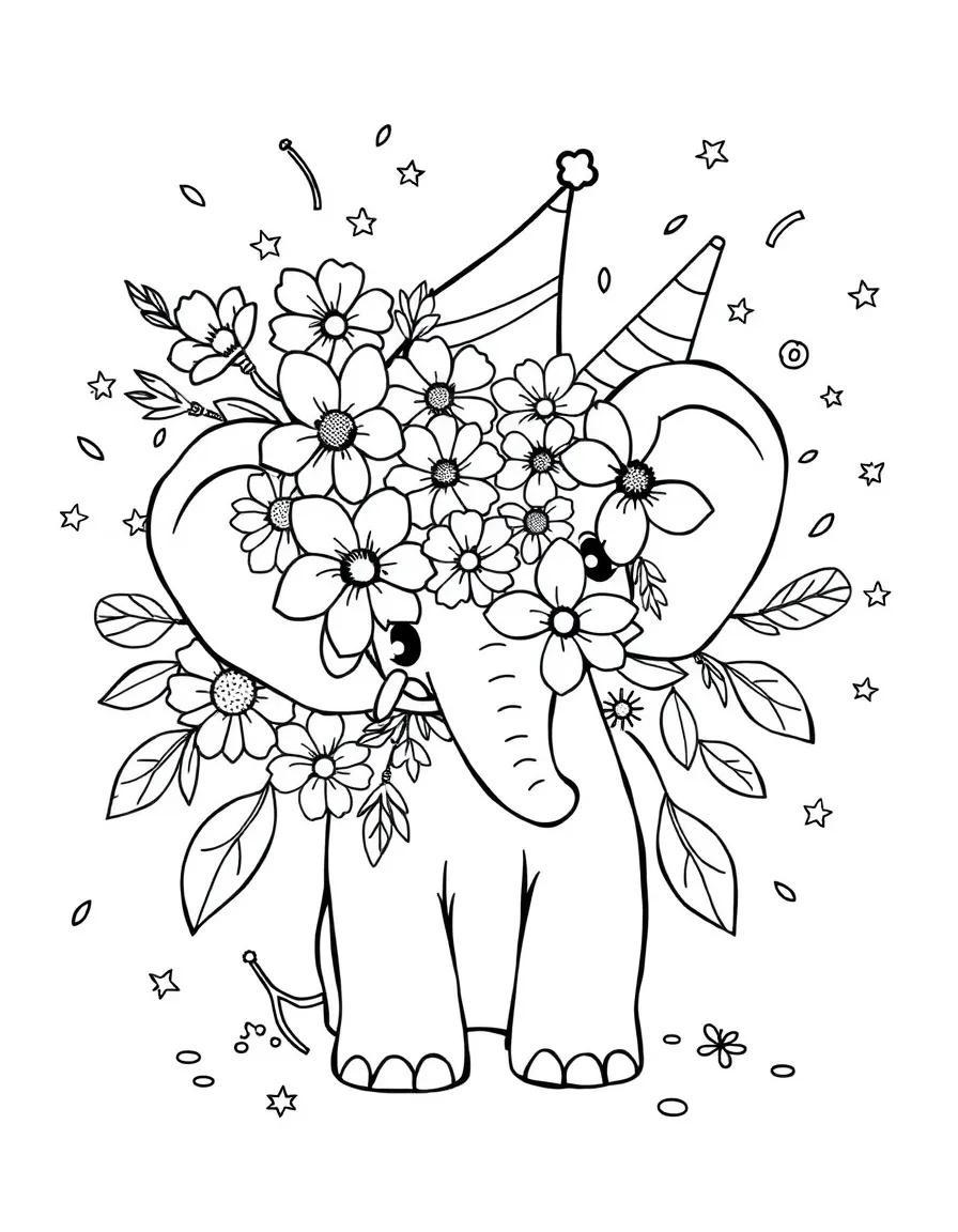cute elephant with New Year's party flowers and confetti blooms coloring page