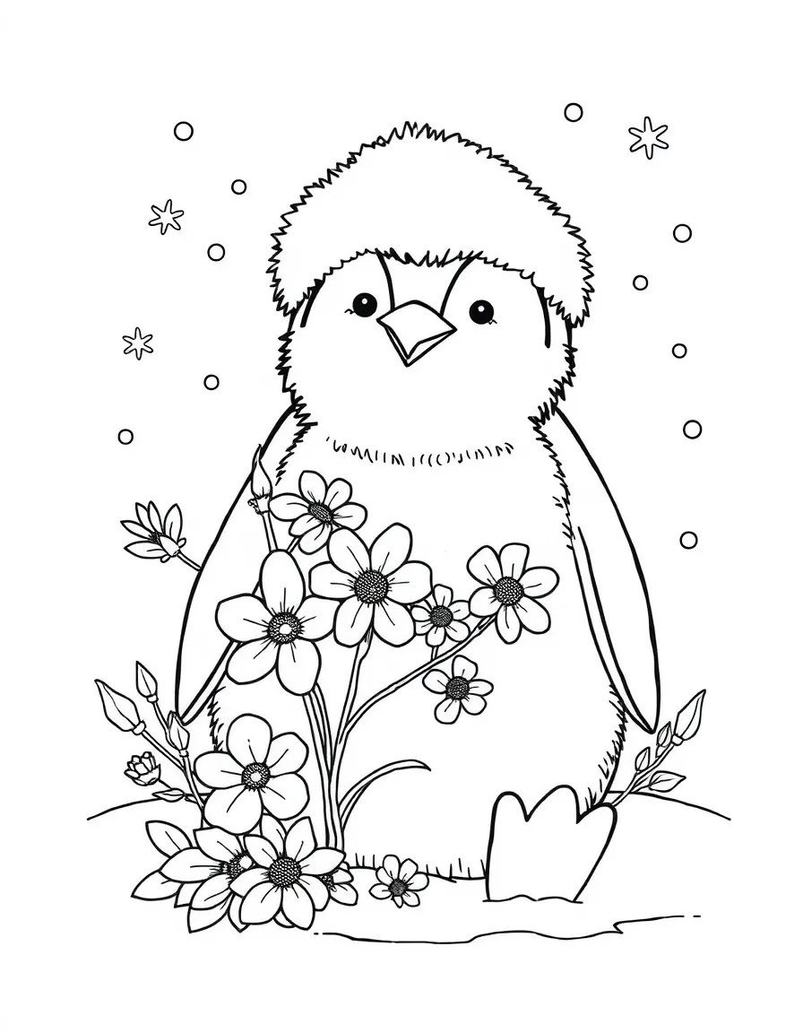 fluffy penguin with winter solstice flowers and snow crystals coloring page