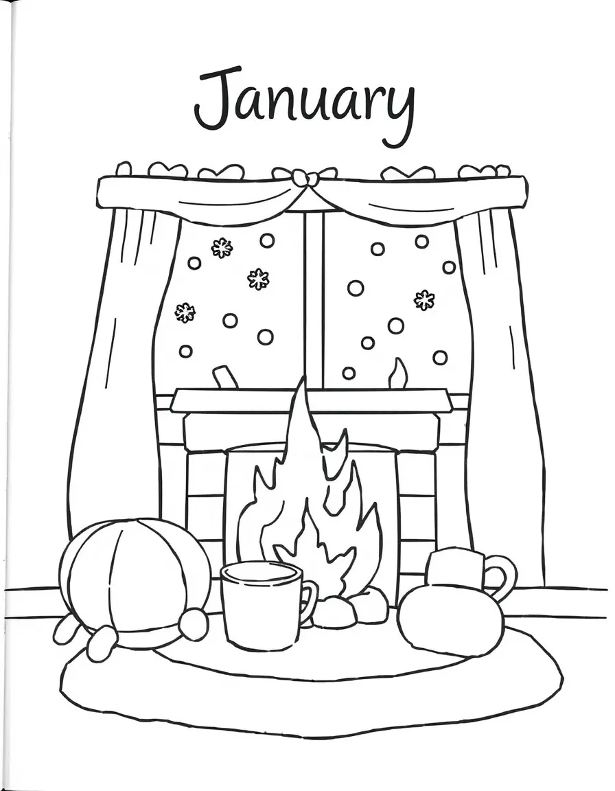Playful coloring page with a cozy fireplace, a warm mug, and snowflakes falling outside a window. Title "January" on the top.