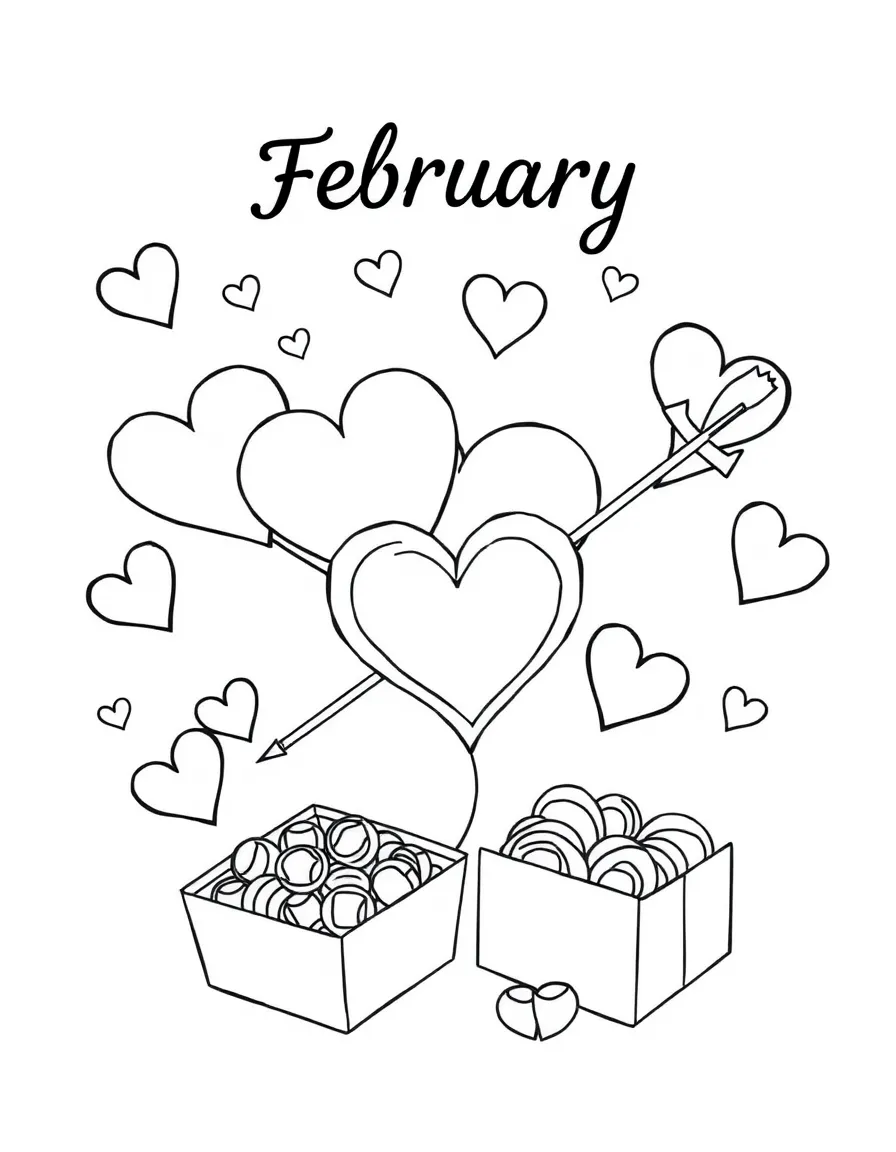 Playful coloring page with hearts, cupid's arrow, and a box of chocolates. Title "February" on the top.