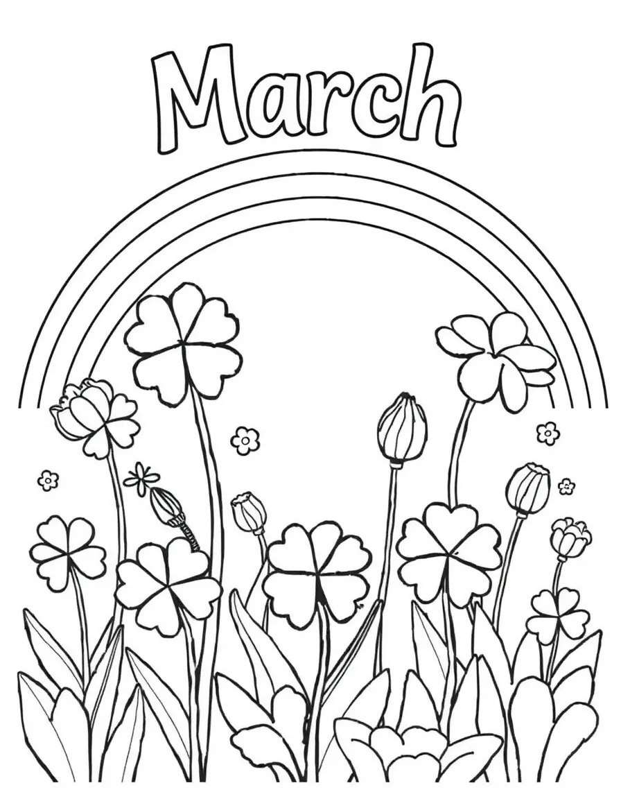 Playful coloring page with shamrocks, budding flowers, and a rainbow. Title "March" on the top.