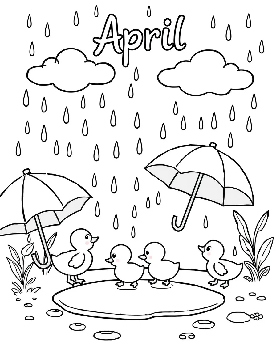 Playful coloring page with raindrops, umbrellas, puddles, and ducklings. Title "April" on the top.