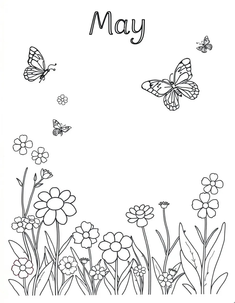 Playful coloring page with blooming flowers, butterflies, and a garden scene. Title "May" on the top.
