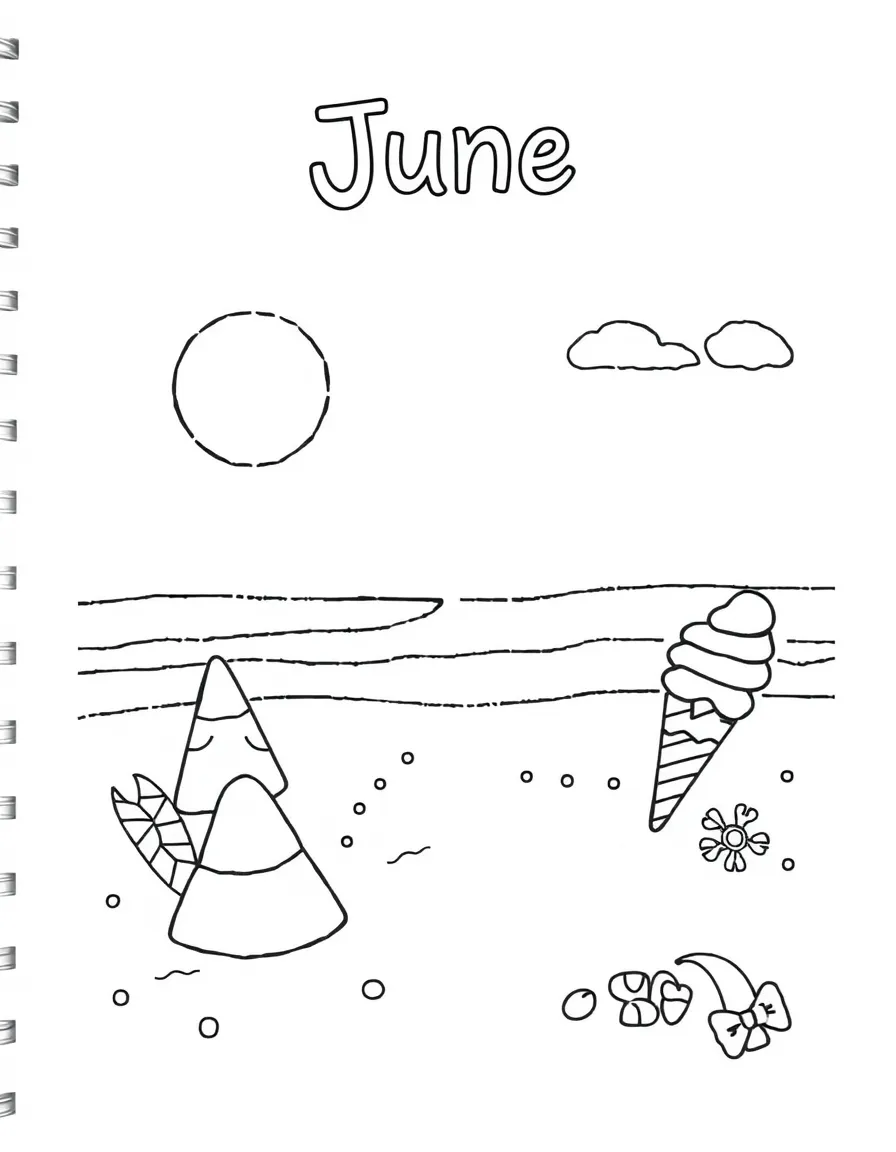 Playful coloring page with a sunny beach, sandcastles, and ice cream cones. Title "June" on the top.