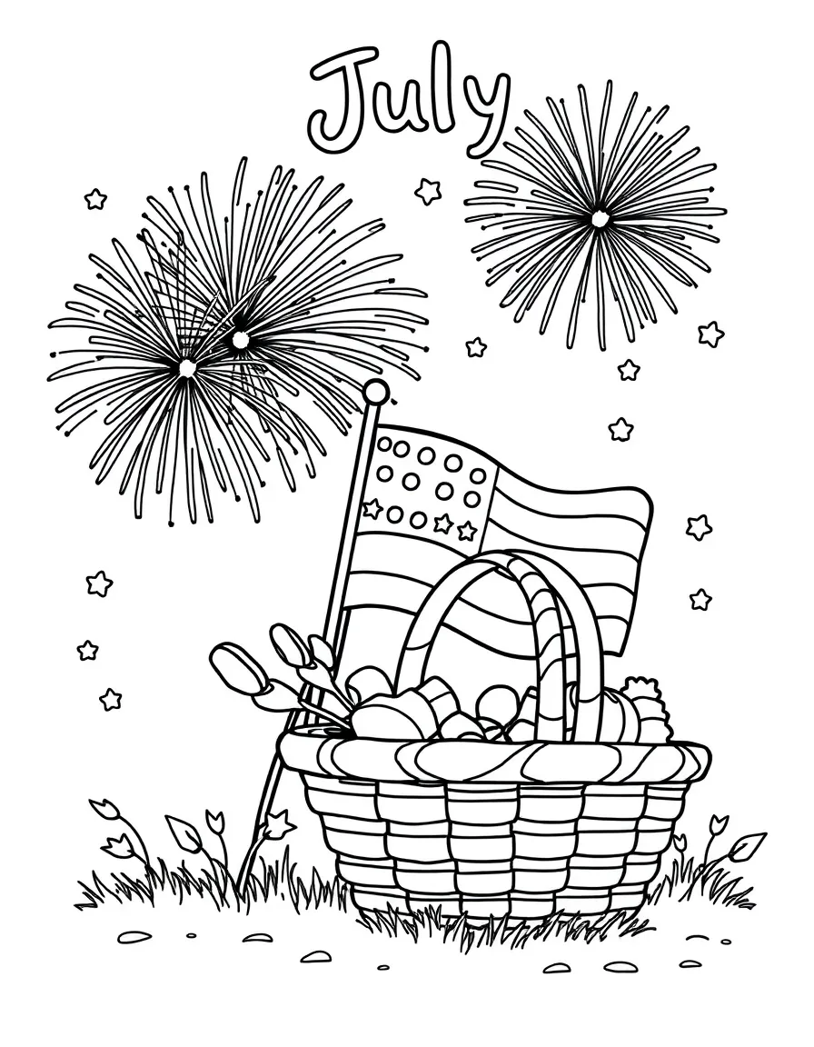 Playful coloring page with fireworks, an American flag, and a picnic basket. Title "July" on the top.