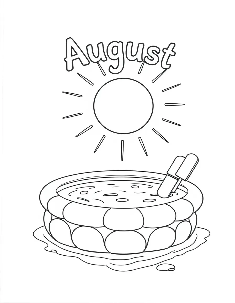 Playful coloring page with a bright sun, a swimming pool, and popsicles. Title "August" on the top.