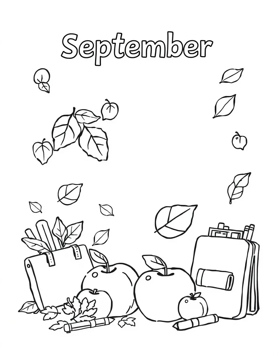 Playful coloring page with falling leaves, apples, and school supplies. Title "September" on the top.