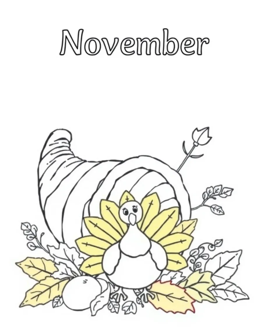 Playful coloring page with a cornucopia, autumn leaves, and a turkey. Title "November" on the top.
