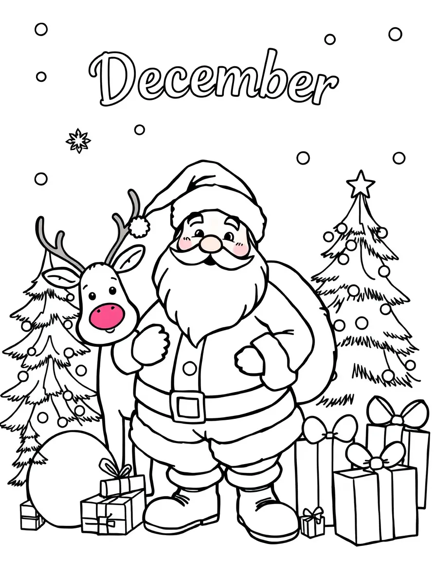 Playful coloring page with Santa Claus, reindeer, Christmas trees, and presents. Title "December" on the top.
