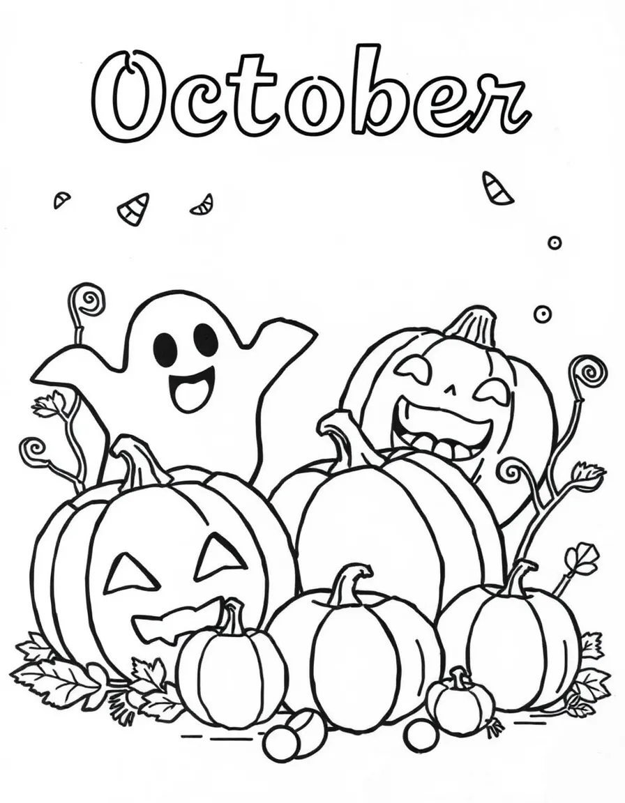 Playful coloring page with pumpkins, friendly ghosts, and candy corn. Title "October" on the top.