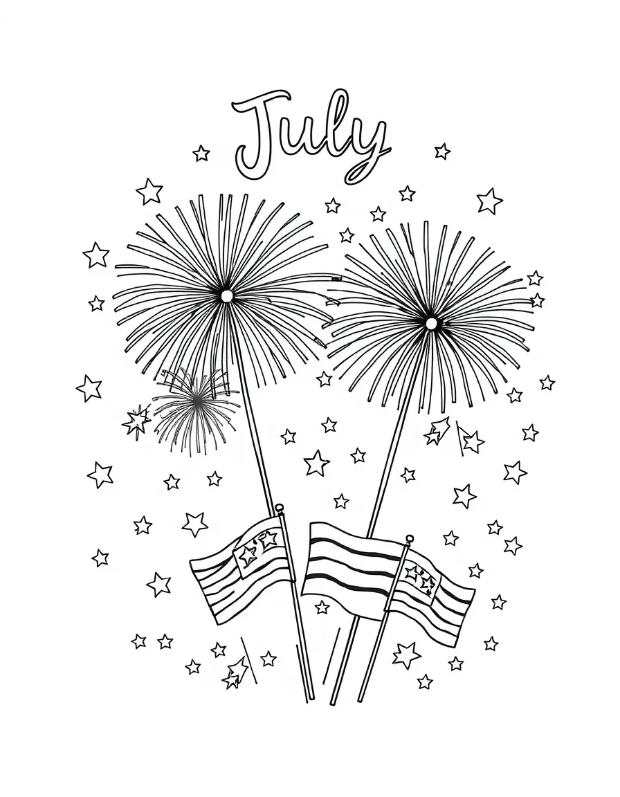 Patriotic coloring page with fireworks, flags, and stars. Title "July" on the top