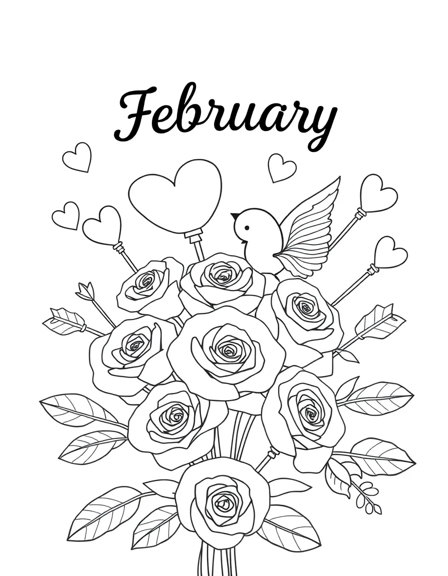 Sweet coloring page with hearts, roses, and cupid's arrows. Title "February" on the top