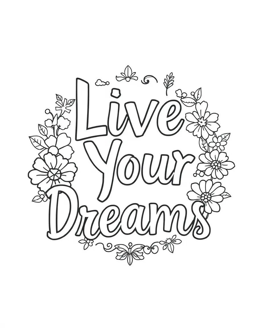 **Live Your Dreams** aspirational coloring page, include the text "Live Your Dreams".