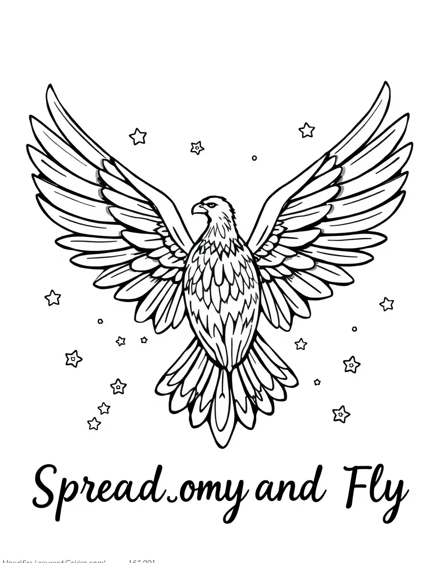 **Spread Your Wings and Fly** freedom coloring page, include the text "Spread Your Wings and Fly".