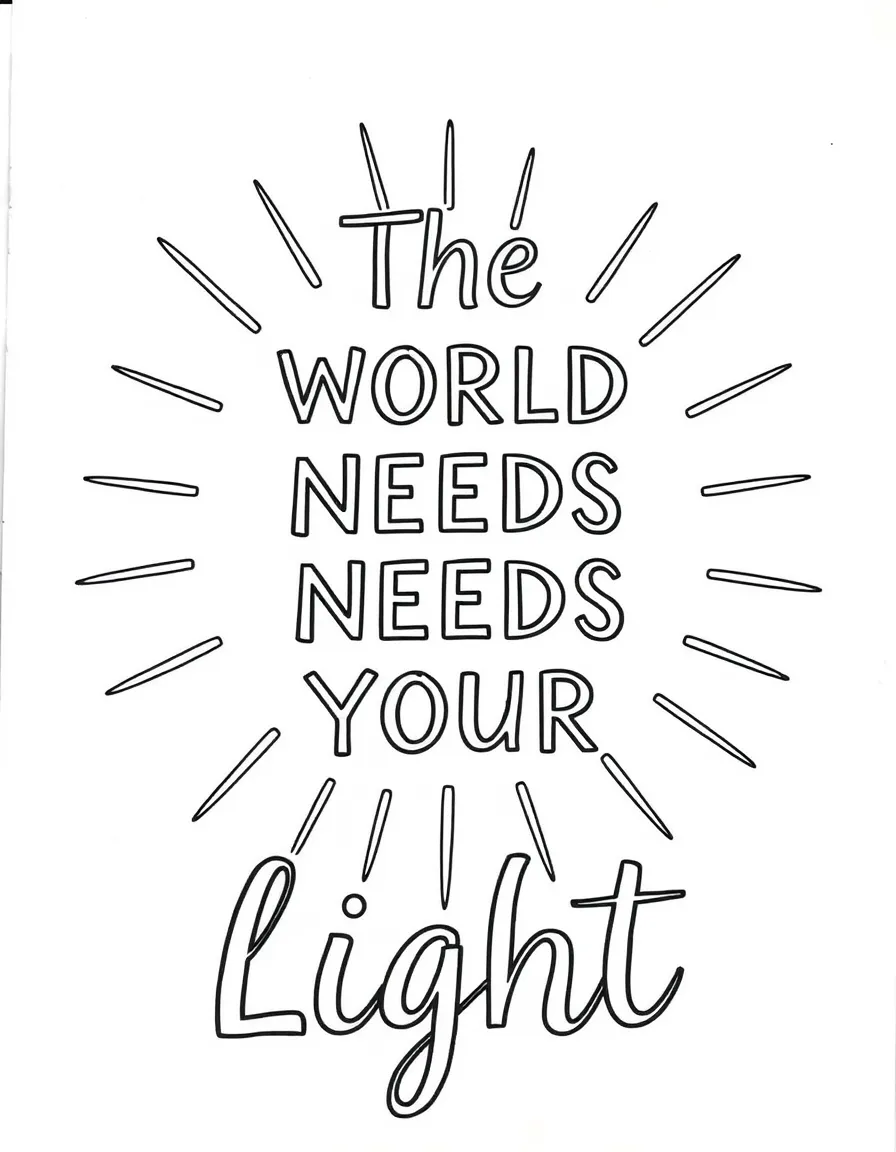 **The World Needs Your Light** illuminating purpose coloring page, include the text "The World Needs Your Light".