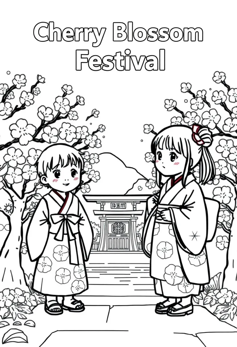 A simple coloring page of kids dressing up in kimonos at a cherry blossom festival in Japan. Text "Cherry Blossom Festival" on the top.