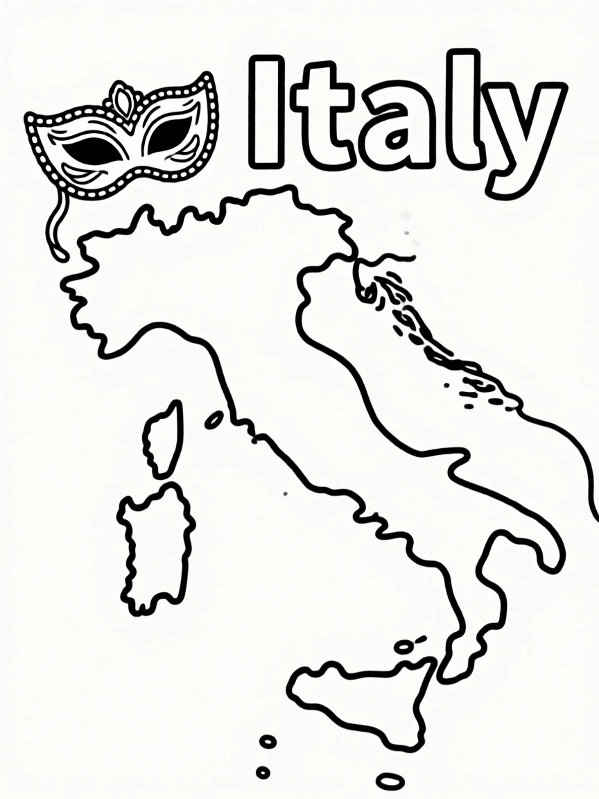 A small Venetian mask, a simple outline map of Italy, and the word "Italy"