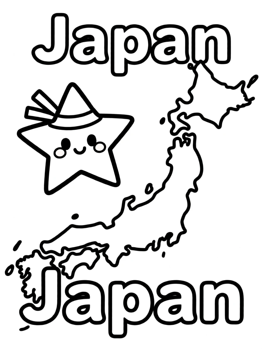 A cute ninja star, a simple outline map of Japan, and the word "Japan"