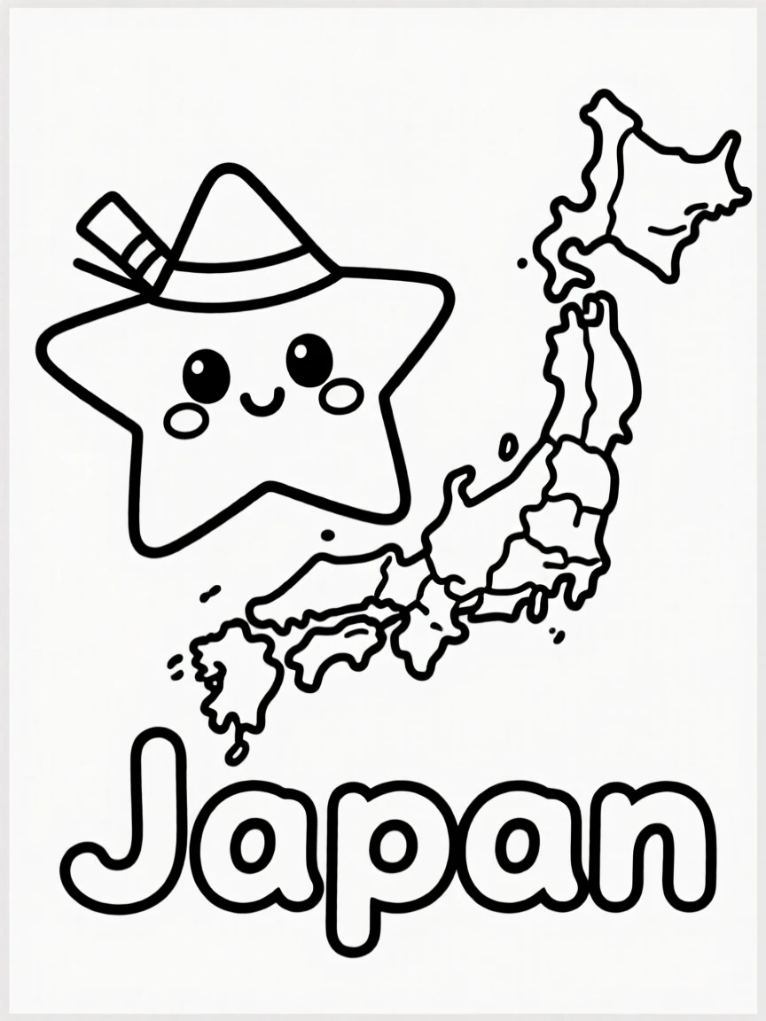 A cute ninja star, a simple outline map of Japan, and the word "Japan"