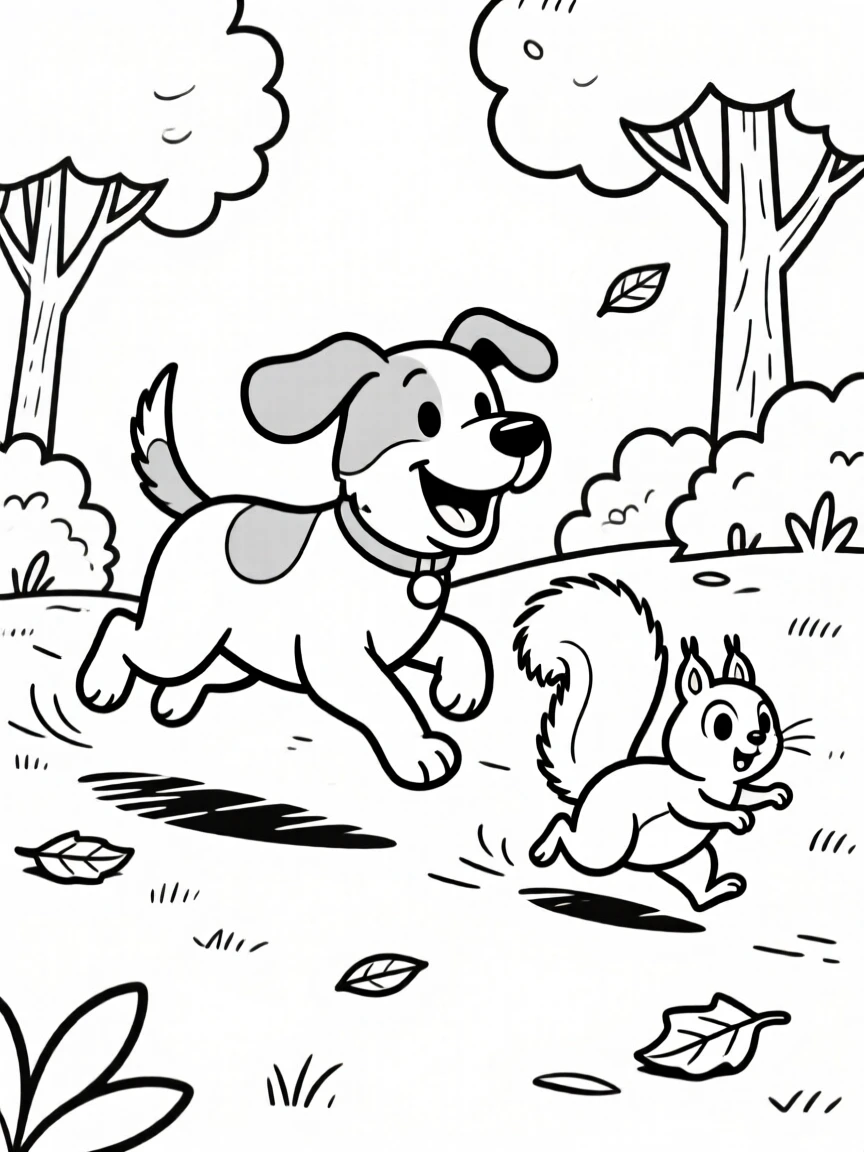 A dog is chasing a squirrel