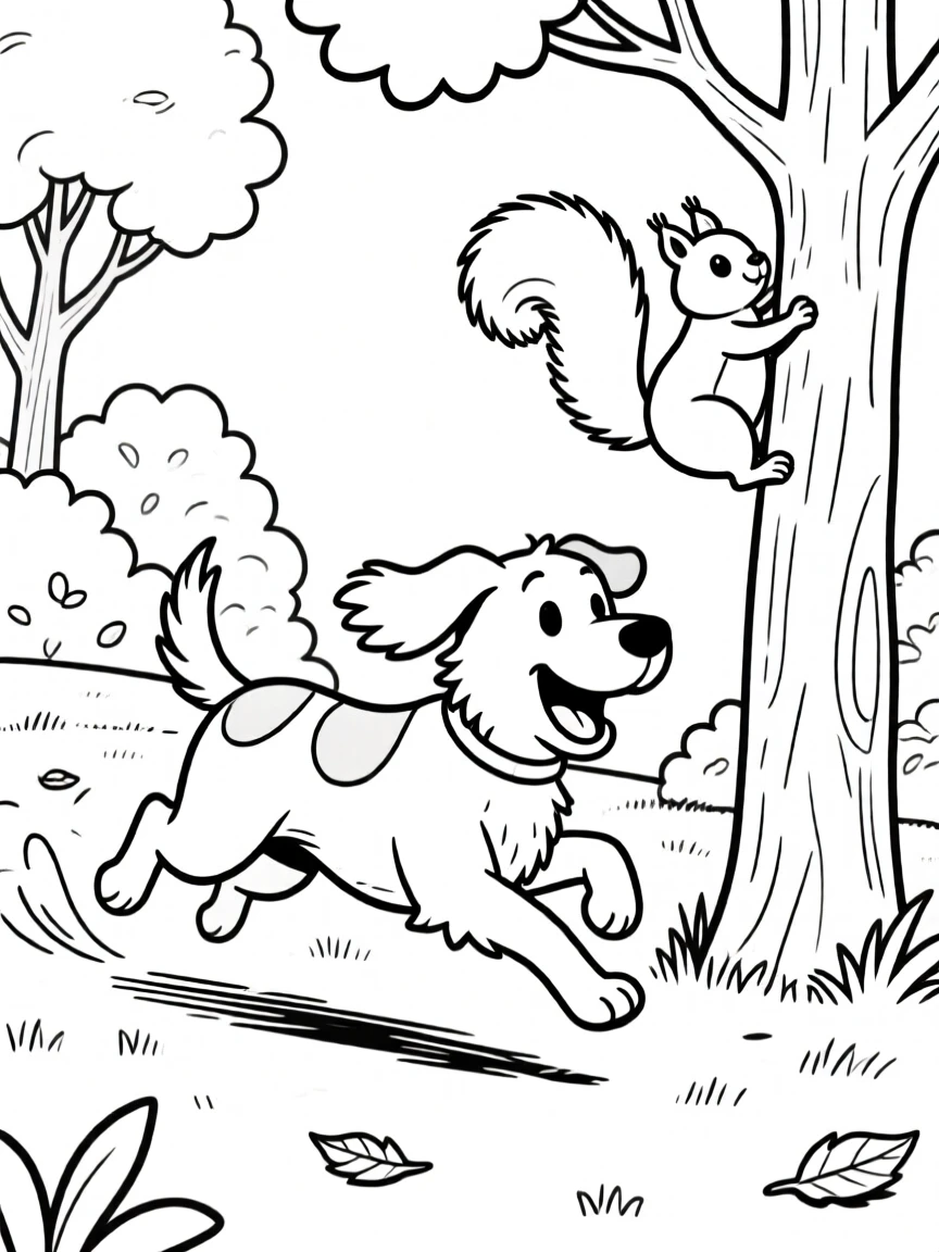 A dog is chasing a squirrel