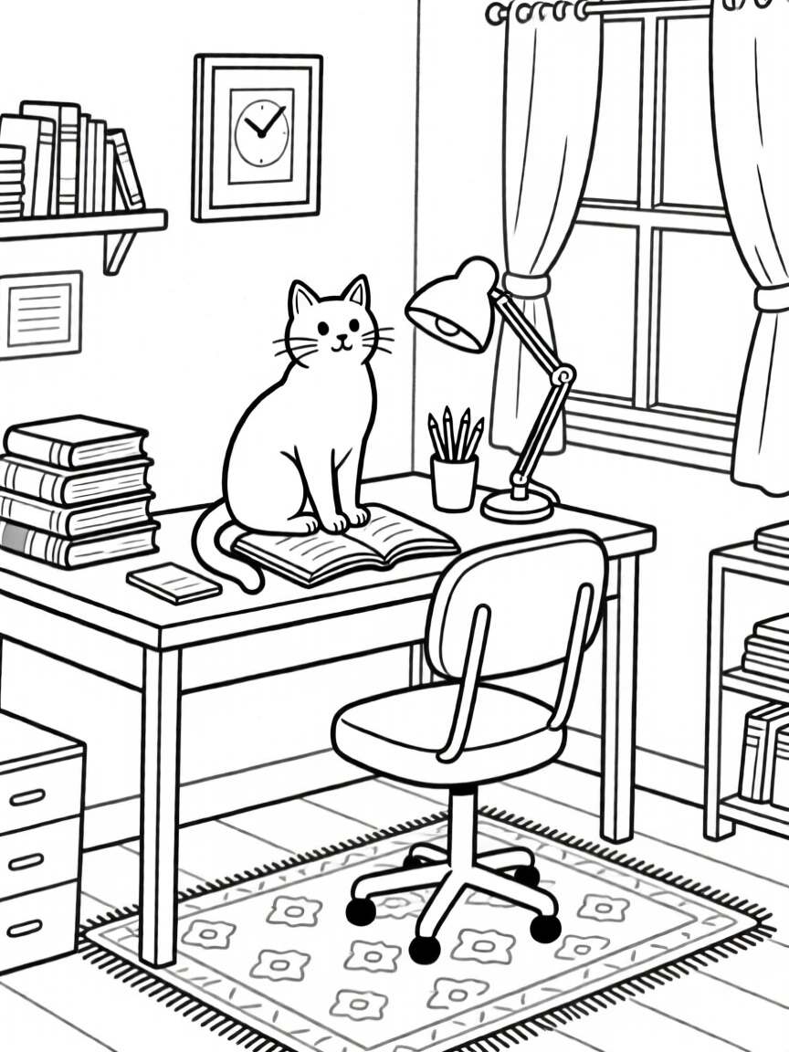 a cat on a desk in a study room