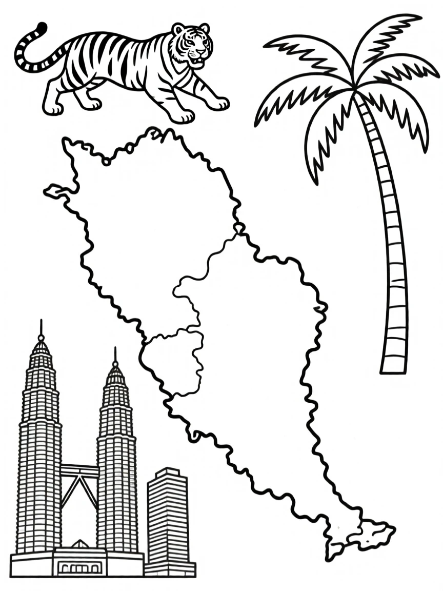 (Malaysia) A map of Malaysia with illustrations of a tiger, the Petronas Towers, and a palm tree around it