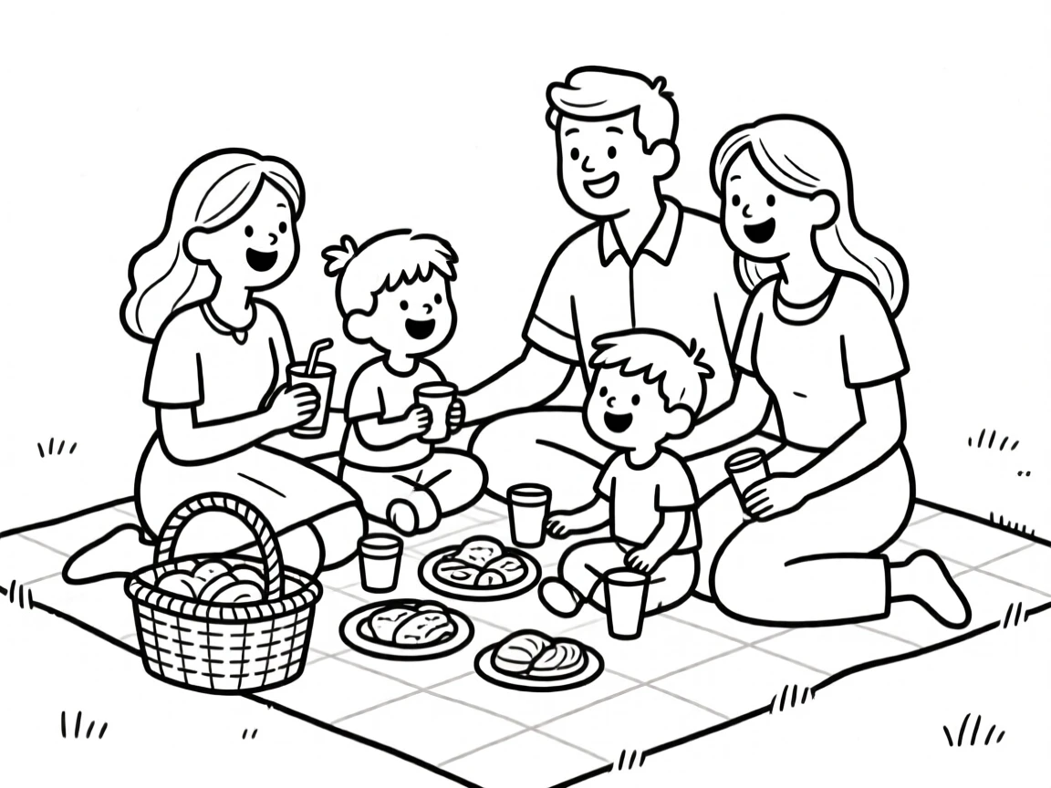 A happy family is having a picnic.