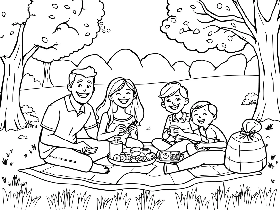 A happy family is having a picnic.