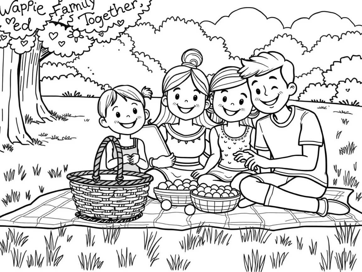 A happy family is having a picnic.