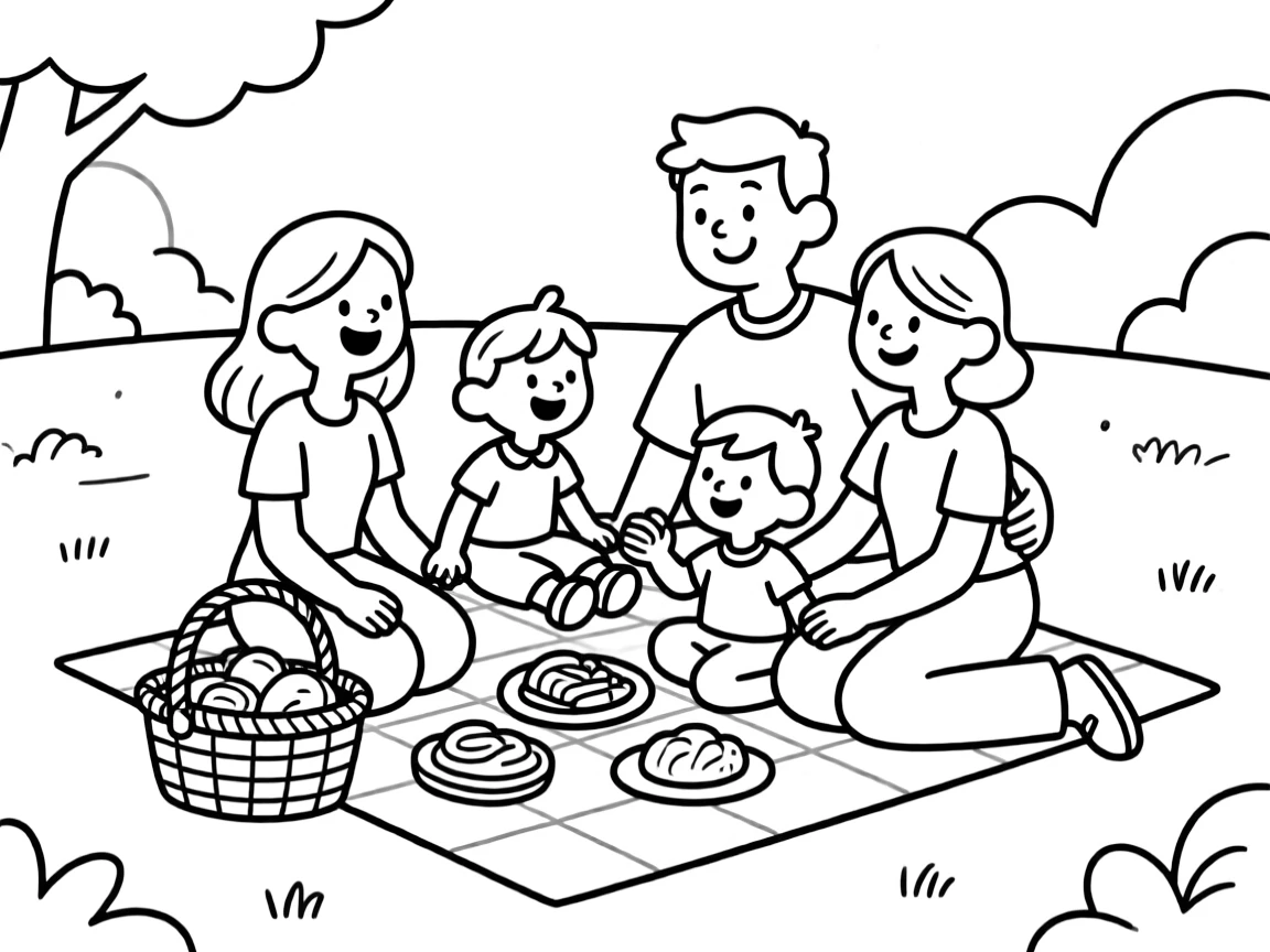 A happy family is having a picnic.