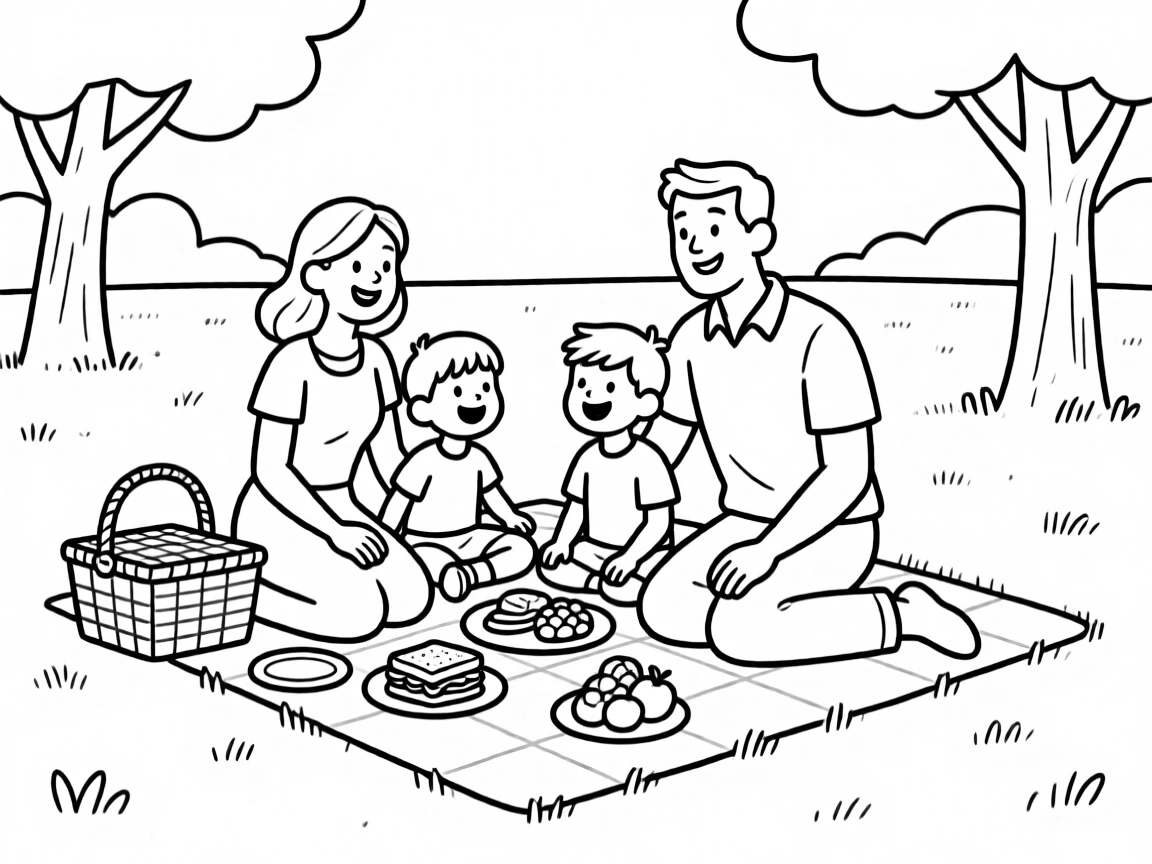 A happy family is having a picnic.