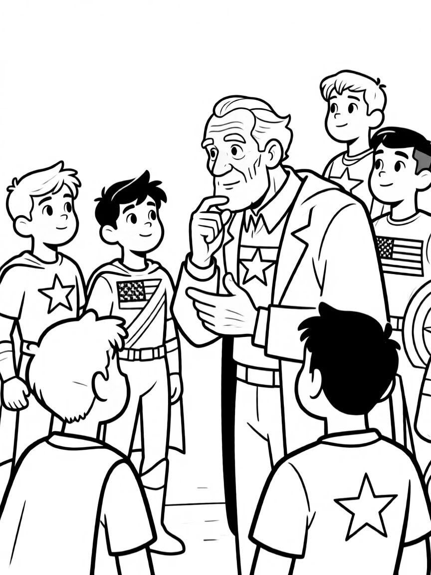 An elderly hero sharing wisdom with younger heroes
