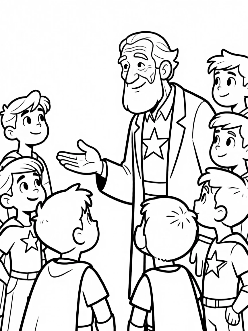 An elderly hero sharing wisdom with younger heroes