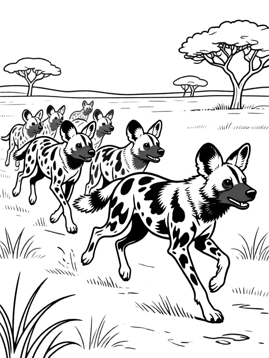 (South Africa) A pack of African wild dogs (painted dogs) running together across the savanna.