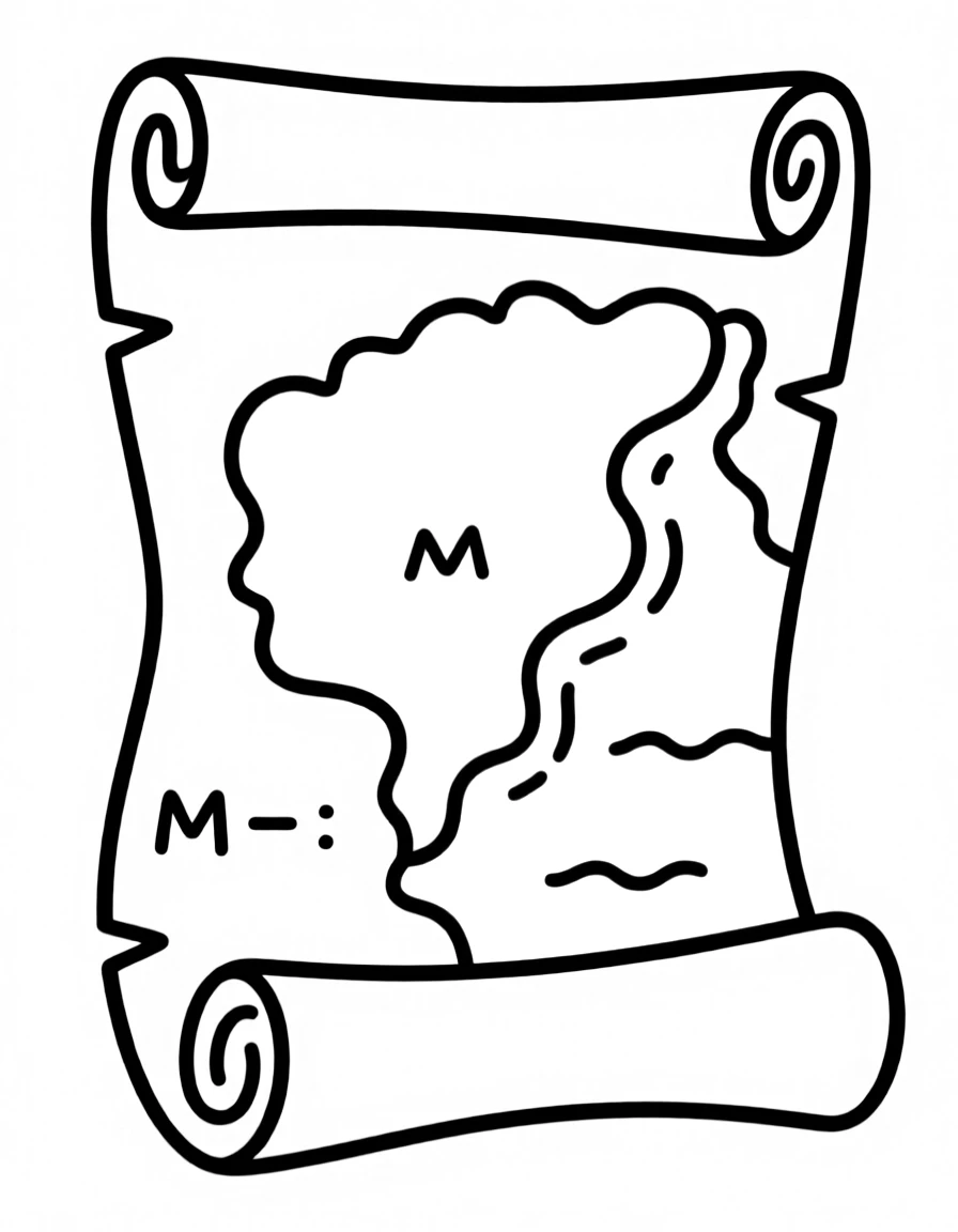 M – Map: A rolled parchment map with green land and blue sea marked.