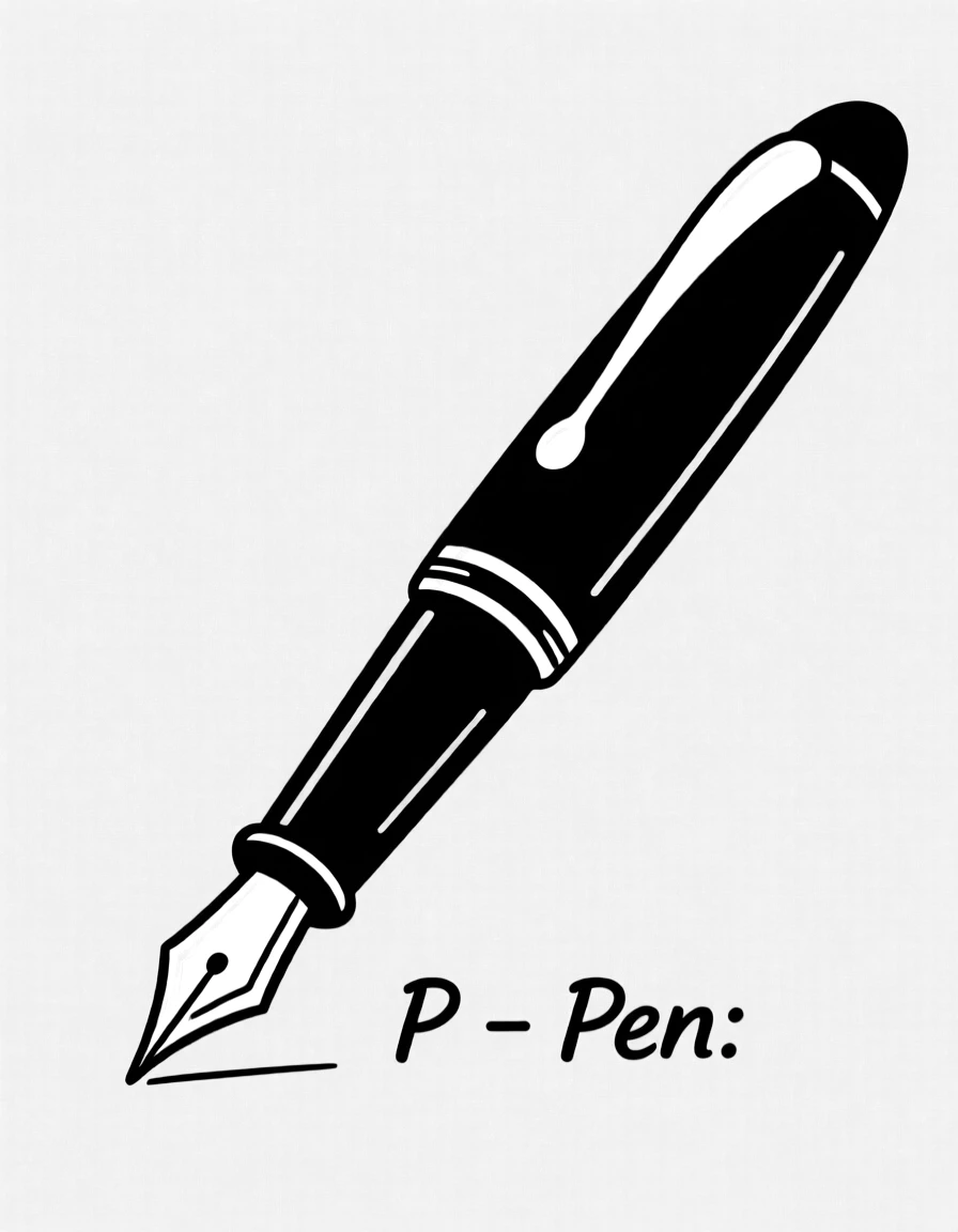 P – Pen: A black fountain pen with a gold nib.