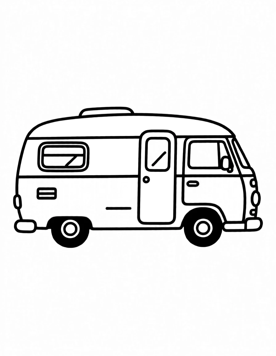 V – Van: A bright yellow and orange camper van with windows.