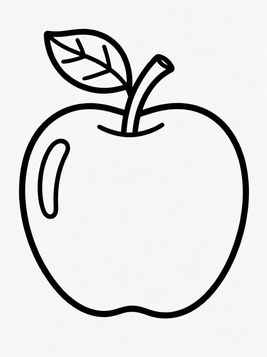 A – Apple: A bright red apple with a green leaf, simple cartoon style, white background.